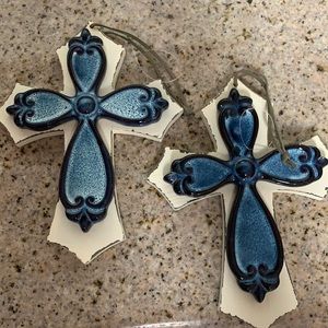 NWOT Pair of Blue Ceramic Cross on Wood white Cross